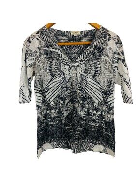 One World Abstract Blouse Sz Large Butterfly Pattern Studded Black White